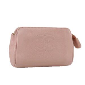 CHANEL COCO Mark Pouch Grained Calf Skin Pink Gold CC Auth 109423